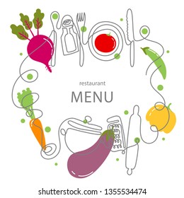 Concepto de dibujo de una línea para un menú de restaurante. Arte continuo de cuchillos, tenedores, placas, cucharas, cucharas, gránulos, rodillos, rodillos