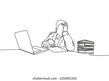 One line drawing of confusing manager facing his job. Continuous line drawing of frustration and stressful worker man concept. Vector illustration design