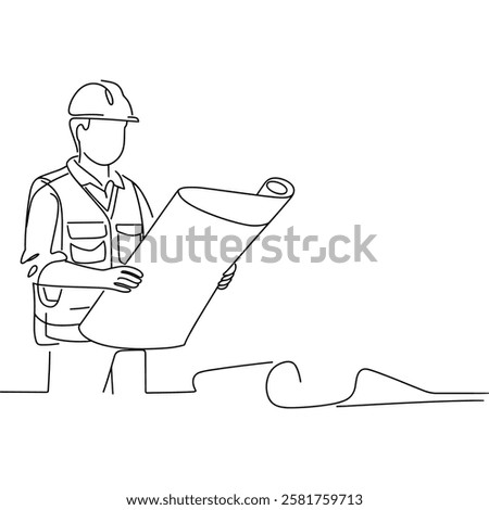 One Line Drawing of Construction Engineer Holding Blueprint Architectural 