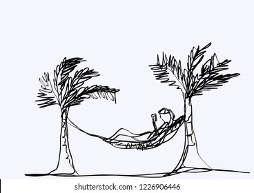 one line drawing  continous of guy relax at the beach with two coconut  vector eps.10