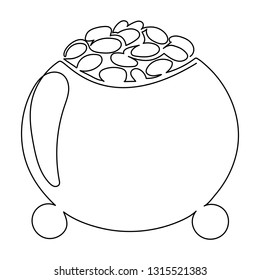 One line drawing. Continuous line art. Leprechaun gold pot full of coins. Hand drawn minimalistic design for simple logo, icon or emblem for St. Patrick Day. Editable stroke.