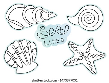 One line drawing. Continuous line art. Sea shells. Starfish. Sea doodles set. Hand drawn minimalistic design for simple logo, icon or emblem. Editable stroke.