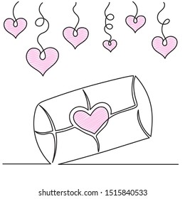 One line drawing. Continuous line art. Valentines day gift box or love letter with hearts. Hand drawn minimalistic design for simple logo, icon or emblem. Editable stroke.