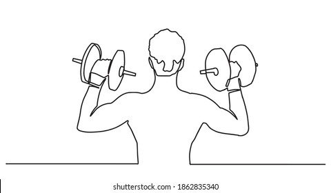 Dibujo de una línea o arte de línea continua de un fuerte pesos de elevación de tipo atlético y entrenamiento de culturista. Ilustración vectorial. Hombre haciendo okupas con un vector de dibujo de una línea de barbecho continuo.