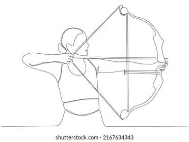 
One Line Drawing or Continuous Line Art A female Archery Athlete. Premium Vector Illustration