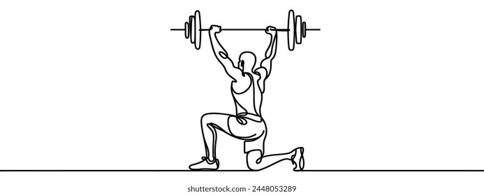 One Line Drawing or Continuous Line Art of a Strong Athletic Guy Lifting Weights and Bodybuilder Training. Vector Illustration