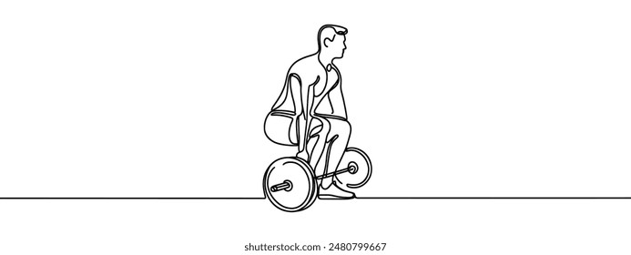 One Line Drawing or Continuous Line Art of a Strong Athletic Guy Lifting Weights and Bodybuilder Training. Vector Illustration.