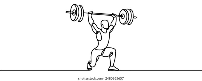 One Line Drawing or Continuous Line Art of a Strong Athletic Guy Lifting Weights and Bodybuilder Training. Vector Illustration