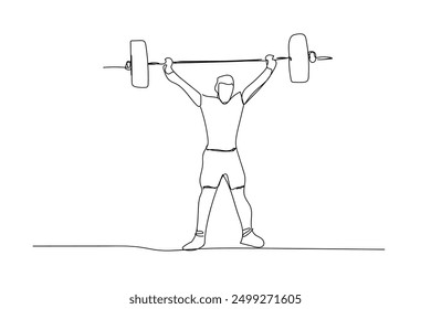 Dibujo de una línea o arte de línea continua de un hombre atlético fuerte que levanta pesas y entrenamiento de culturismo. Ilustración vectorial. Concepto de deporte de fitness de gimnasio .