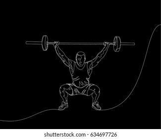 One Line Drawing or Continuous Line Art of a Strong Athletic Guy Lifting Weights and  Bodybuilder Training. Vector Illustration
