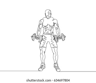 One Line Drawing or Continuous Line Art of a Strong Athletic Guy Lifting Weights and  Bodybuilder Training. Vector Illustration
