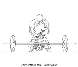 One Line Drawing or Continuous Line Art of a Strong Athletic Guy Lifting Weights and  Bodybuilder Training. Vector Illustration
