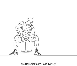 One Line Drawing or Continuous Line Art of a Strong Athletic Guy Lifting Weights and  Bodybuilder Training. Vector Illustration
