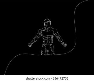 One Line Drawing or Continuous Line Art of a Strong Athletic Guy Lifting Weights and  Bodybuilder Training. Vector Illustration
