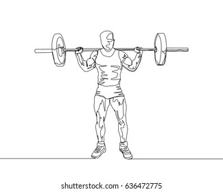 One Line Drawing or Continuous Line Art of a Strong Athletic Guy Lifting Weights and  Bodybuilder Training. Vector Illustration
