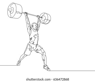 One Line Drawing or Continuous Line Art of a Strong Athletic Guy Lifting Weights and  Bodybuilder Training. Vector Illustration
