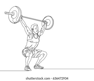 One Line Drawing or Continuous Line Art of a Strong Athletic Guy Lifting Weights and  Bodybuilder Training. Vector Illustration
