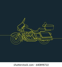 One Line Drawing or Continuous Line Art of a Motorcycle. Dark Blue Background with Yellow Line. Vector Illustration
