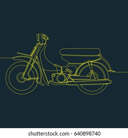 One Line Drawing or Continuous Line Art of a Motorcycle. Dark Blue Background with Yellow Line. Vector Illustration
