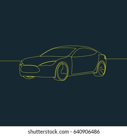 One Line Drawing or Continuous Line Art of a Sedan Sport Car. Dark Blue Background with Yellow Line. Vector Illustration
