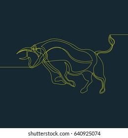 One Line Drawing or Continuous Line Art of a Big Bull. Dark Blue Background with Yellow Line. Vector Illustration
