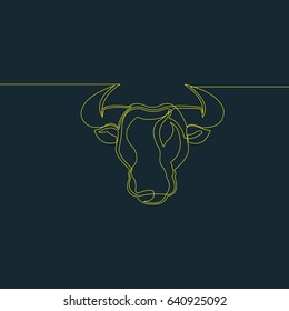 One Line Drawing or Continuous Line Art of a Big Bull. Dark Blue Background with Yellow Line. Vector Illustration
