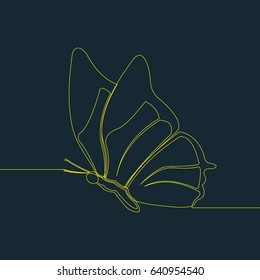 One Line Drawing or Continuous Line Art of a Beauty Butterfly. Dark Blue Background with Yellow Line. Vector Illustration