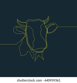 One Line Drawing or Continuous Line Art of a Cow. Dark Blue Background with Yellow Line. Vector Illustration
