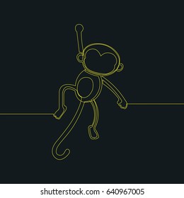 One Line Drawing or Continuous Line Art of a Monkey. Dark Background with Yellow Line. Vector Illustration
