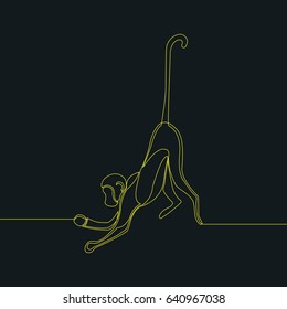 One Line Drawing Or Continuous Line Art Of A Monkey. Dark Background With Yellow Line. Vector Illustration
