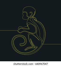 One Line Drawing or Continuous Line Art of a Monkey. Dark Background with Yellow Line. Vector Illustration
