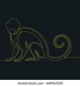 One Line Drawing or Continuous Line Art of a Monkey. Dark Background with Yellow Line. Vector Illustration
