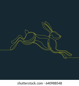 One Line Drawing or Continuous Line Art of a Rabbit. Dark Blue Background with Yellow Line. Vector Illustration