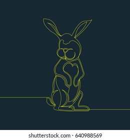 One Line Drawing or Continuous Line Art of a Rabbit. Dark Blue Background with Yellow Line. Vector Illustration