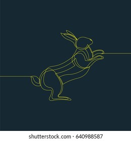 One Line Drawing or Continuous Line Art of a Rabbit. Dark Blue Background with Yellow Line. Vector Illustration
