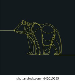 One Line Drawing or Continuous Line Art of a Big Bear. Dark Blue Background with Yellow Line. Vector Illustration

