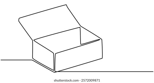 one line drawing continuous design of opened gift box isolated on white background, Continuous one line drawing of cardboard boxes. Simple Stack of cardboard boxes line art vector illustration. pro. 