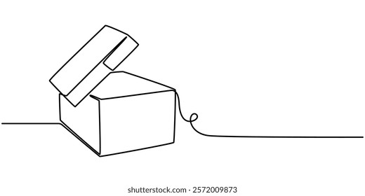 one line drawing continuous design of opened gift box isolated on white background, Continuous one line drawing of cardboard boxes. Simple Stack of cardboard boxes line art vector illustration. pro. 