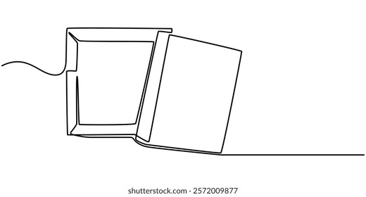 one line drawing continuous design of opened gift box isolated on white background, Continuous one line drawing of cardboard boxes. Simple Stack of cardboard boxes line art vector illustration. pro. 