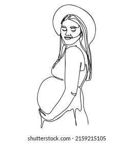 Dibujo de una línea, línea continua, ilustración moderna de la silueta de la mujer, mujer embarazada