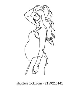 One line drawing, continuous line modern illustration of woman silhouette, pregnant lady
