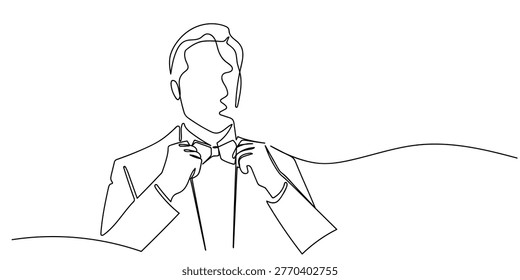 One line drawing, Continuous single line: A handsome man is tying a bow tie