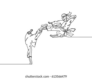 One Line Drawing or Continuous Line Drawing of Taekwondo and Karate Training