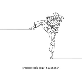 One Line Drawing or Continuous Line Drawing of Taekwondo and Karate Training