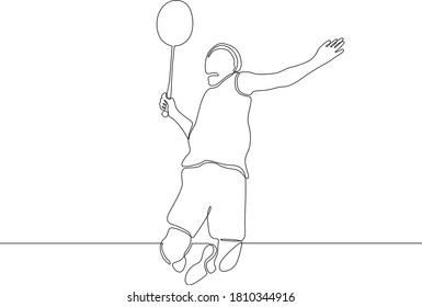 One line drawing or continuous line drawing of young agile badminton player take a hit from opponent.  Vector illustration