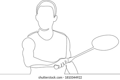 One line drawing or continuous line drawing of young agile badminton player take a hit from opponent.  Vector illustration