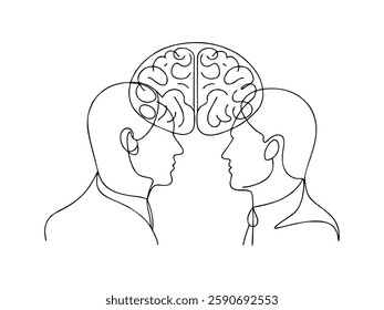 One line drawing contour brain intellectual communication of partners