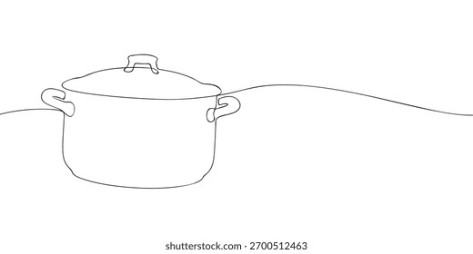 Eine Strichzeichnung eines Kochtopfes mit Deckel einzeln auf weißem Hintergrund. Minimale durchgehende Linie Illustration von Küchenutensilien für Kochen, Rezept, Restaurant, und Food-Design.
