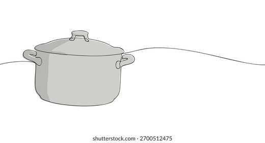 Eine Strichzeichnung eines Kochtopfes mit Deckel einzeln auf weißem Hintergrund. Minimale durchgehende Linie Illustration der Küche Kochgeschirr für Rezept, Restaurant, und Food-Design.