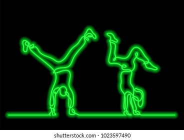 one line drawing of couple doing handstand with neon vector effect